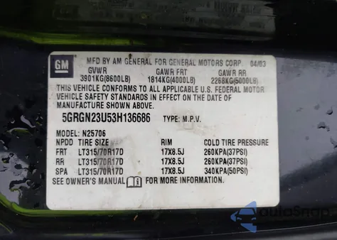 2003 Hummer H2 z USA, uszkodzony, nr VIN 5GRGN23U53H136686